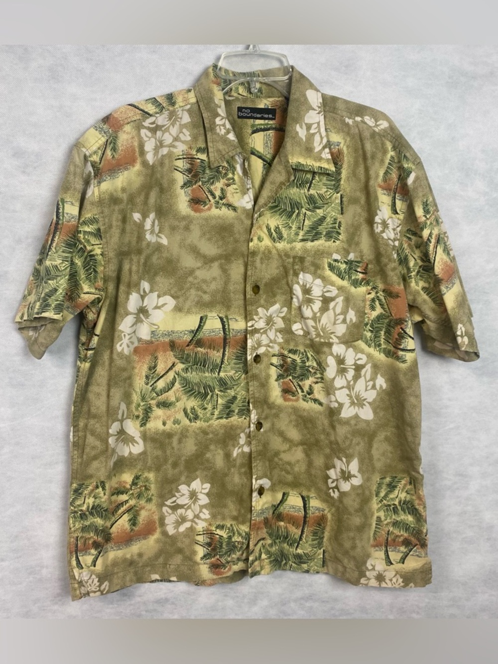 Vtg 90s No Boundaries Hawaiian Aloha Shirt Mens Sz Large Beige Palm Trees Flaw